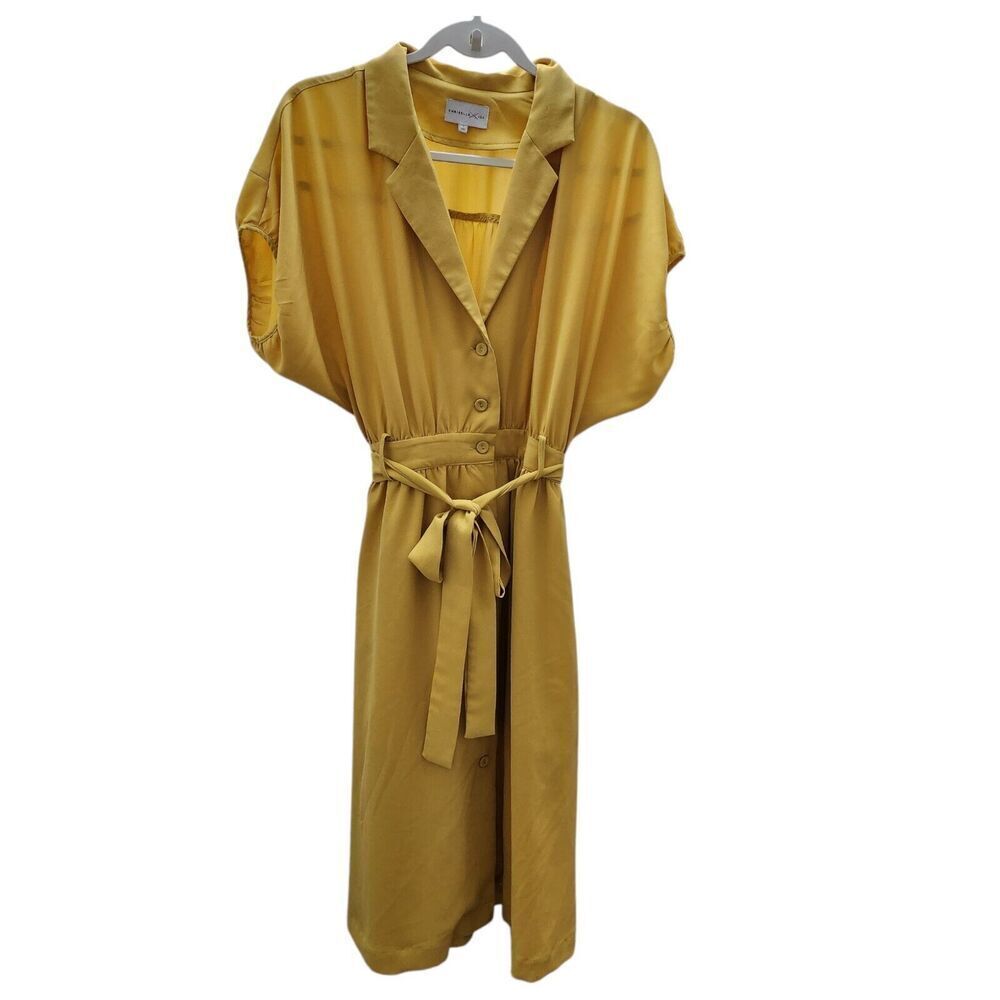 JOA x Chriselle Midi Dress Small Yellow Cocoon Sleeve Dress Collared Boho Summer